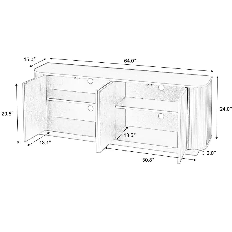 Buffet en bois ondulé, rayures verticales, meuble TV, adapté pour chambre/entrée. Bois naturel, 64W 15P 24H