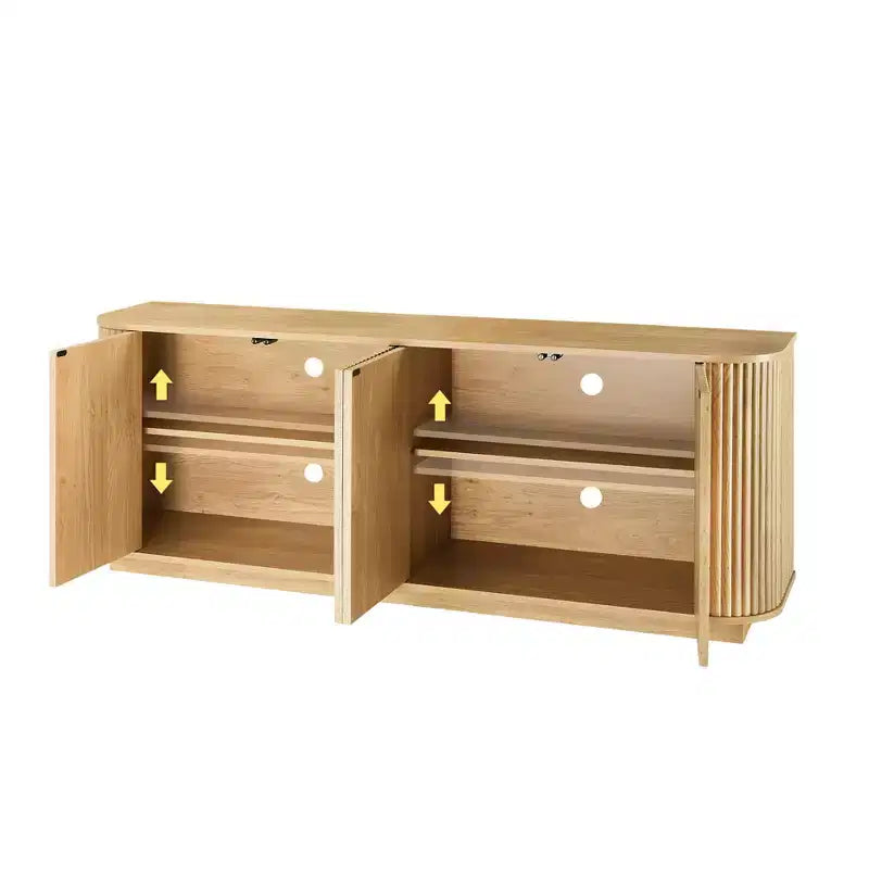 Buffet en bois ondulé, rayures verticales, meuble TV, adapté pour chambre/entrée. Bois naturel, 64W 15P 24H