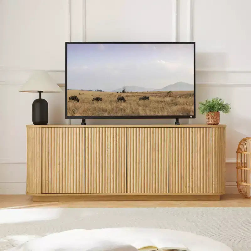 Buffet en bois ondulé, rayures verticales, meuble TV, adapté pour chambre/entrée. Bois naturel, 64W 15P 24H