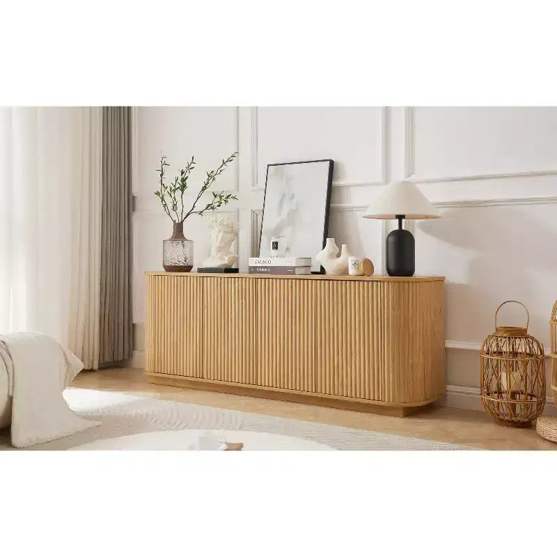 Buffet en bois ondulé, rayures verticales, meuble TV, adapté pour chambre/entrée. Bois naturel, 64W 15P 24H
