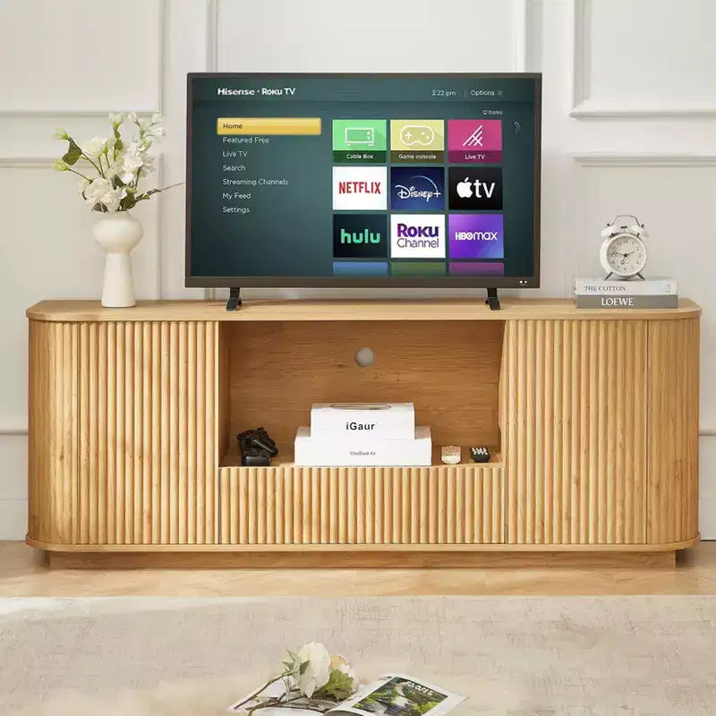 JVNOXK 64-inch Wave TV Console, Rounded Corner Sideboard, Storage Cabinet, Wooden Vertical Stripe Cabinet, Natural Finish, for Dining and Living