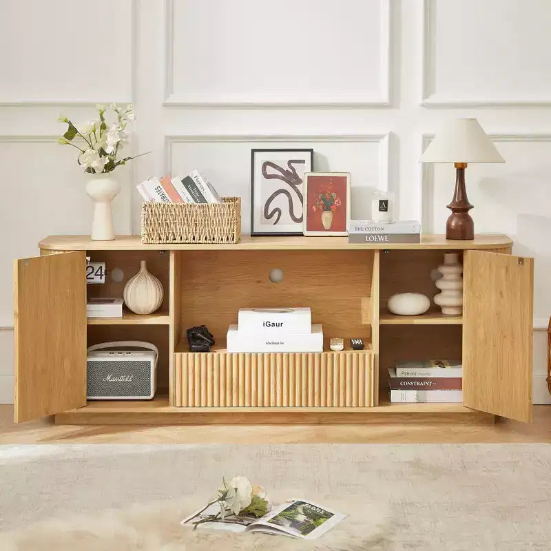 Meuble TV Wave de 64 pouces, Buffet à Angles Arrondis, Armoire de Rangement, Meuble en Bois à Rayures Verticales, Finition Naturelle, pour Salle à Manger et Salon