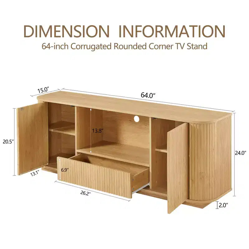 Meuble TV Wave de 64 pouces, Buffet à Angles Arrondis, Armoire de Rangement, Meuble en Bois à Rayures Verticales, Finition Naturelle, pour Salle à Manger et Salon