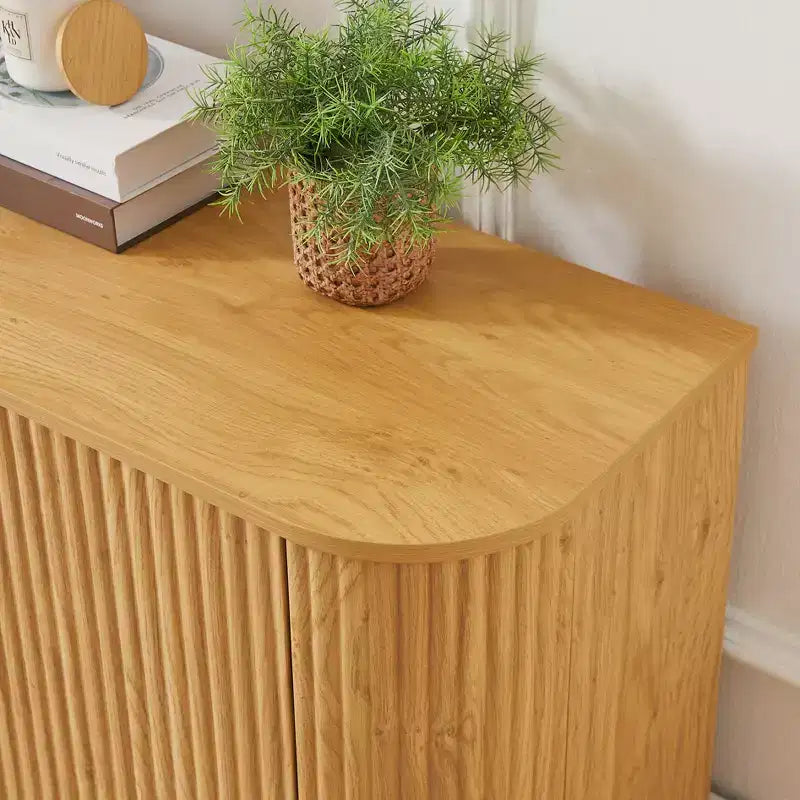 Meuble TV Wave de 64 pouces, Buffet à Angles Arrondis, Armoire de Rangement, Meuble en Bois à Rayures Verticales, Finition Naturelle, pour Salle à Manger et Salon