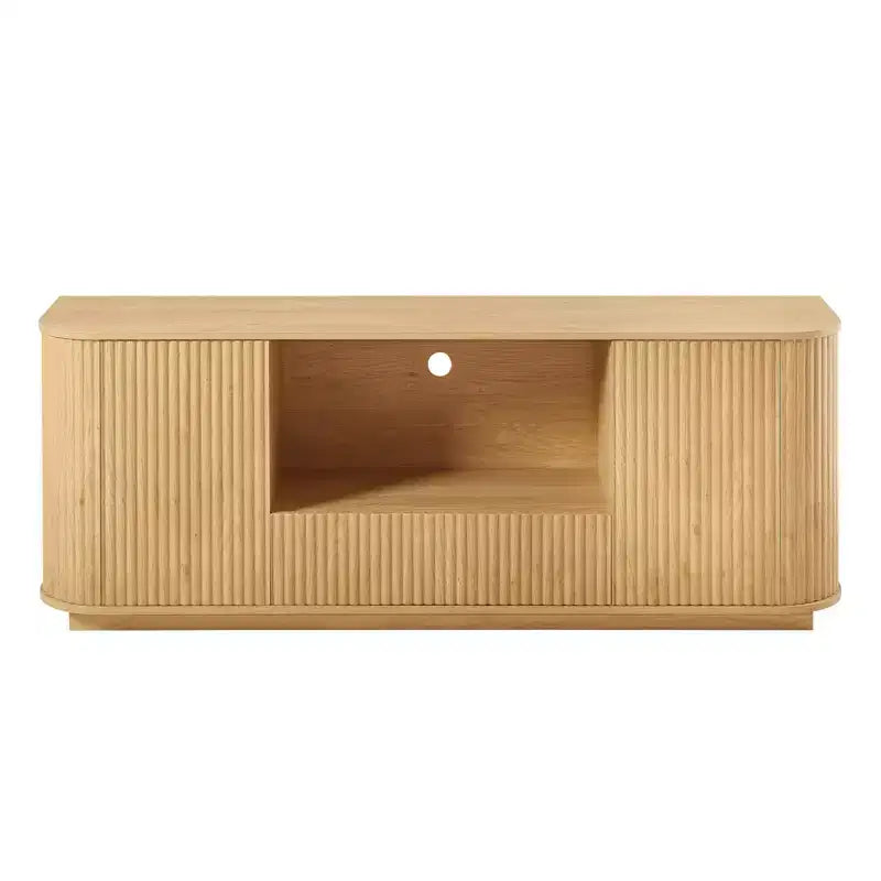 Meuble TV Wave de 64 pouces, Buffet à Angles Arrondis, Armoire de Rangement, Meuble en Bois à Rayures Verticales, Finition Naturelle, pour Salle à Manger et Salon