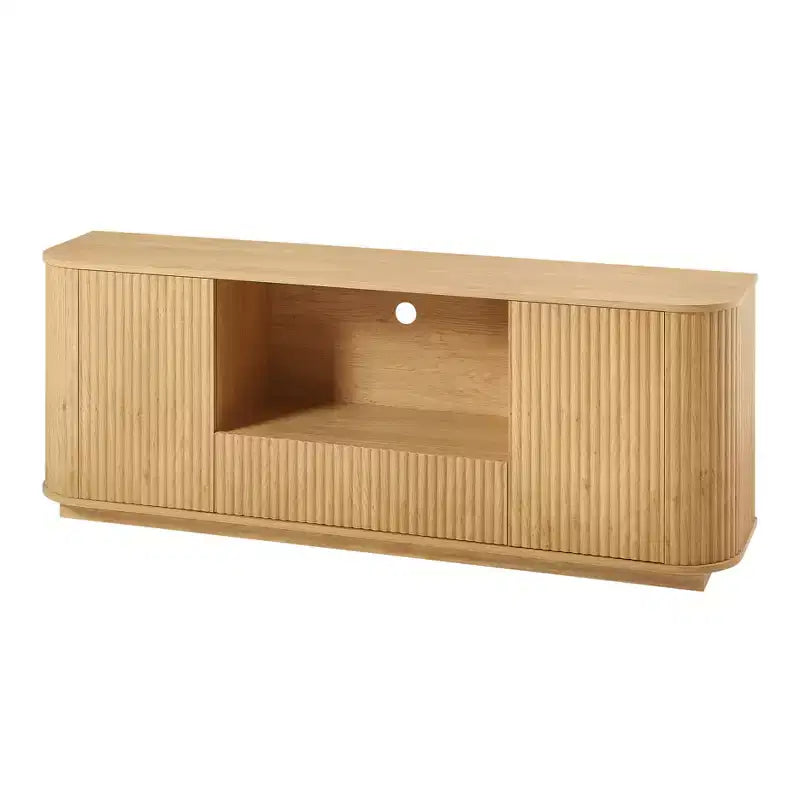 Meuble TV Wave de 64 pouces, Buffet à Angles Arrondis, Armoire de Rangement, Meuble en Bois à Rayures Verticales, Finition Naturelle, pour Salle à Manger et Salon