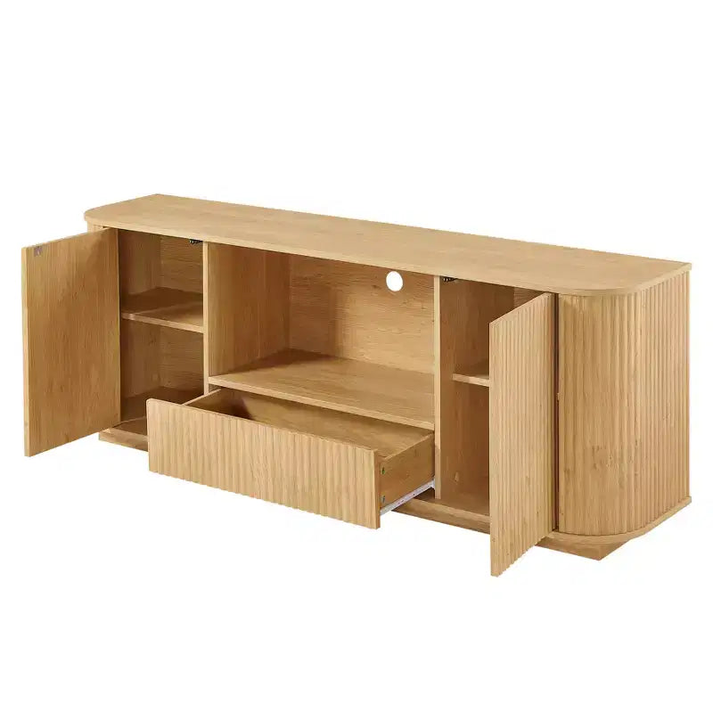 Meuble TV Wave de 64 pouces, Buffet à Angles Arrondis, Armoire de Rangement, Meuble en Bois à Rayures Verticales, Finition Naturelle, pour Salle à Manger et Salon