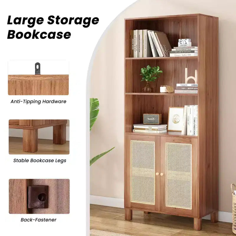 Grande bibliothèque avec portes en rotin, meuble de rangement autonome à 5 étagères, bibliothèque pour salon, chambre, bureau à domicile