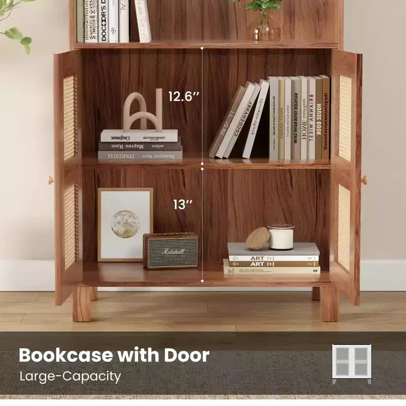 Grande bibliothèque avec portes en rotin, meuble de rangement autonome à 5 étagères, bibliothèque pour salon, chambre, bureau à domicile