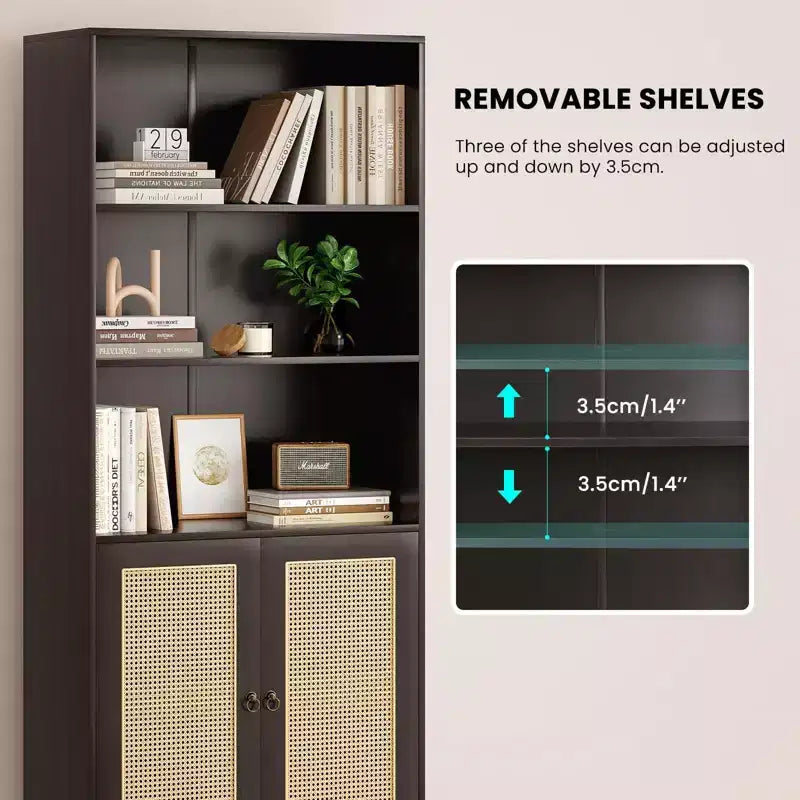 Grande bibliothèque avec portes en rotin, meuble de rangement autonome à 5 étagères, bibliothèque pour salon, chambre, bureau à domicile