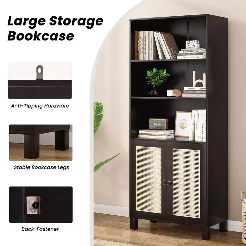 Grande bibliothèque avec portes en rotin, meuble de rangement autonome à 5 étagères, bibliothèque pour salon, chambre, bureau à domicile