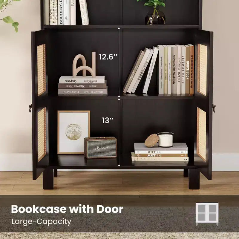 Grande bibliothèque avec portes en rotin, meuble de rangement autonome à 5 étagères, bibliothèque pour salon, chambre, bureau à domicile