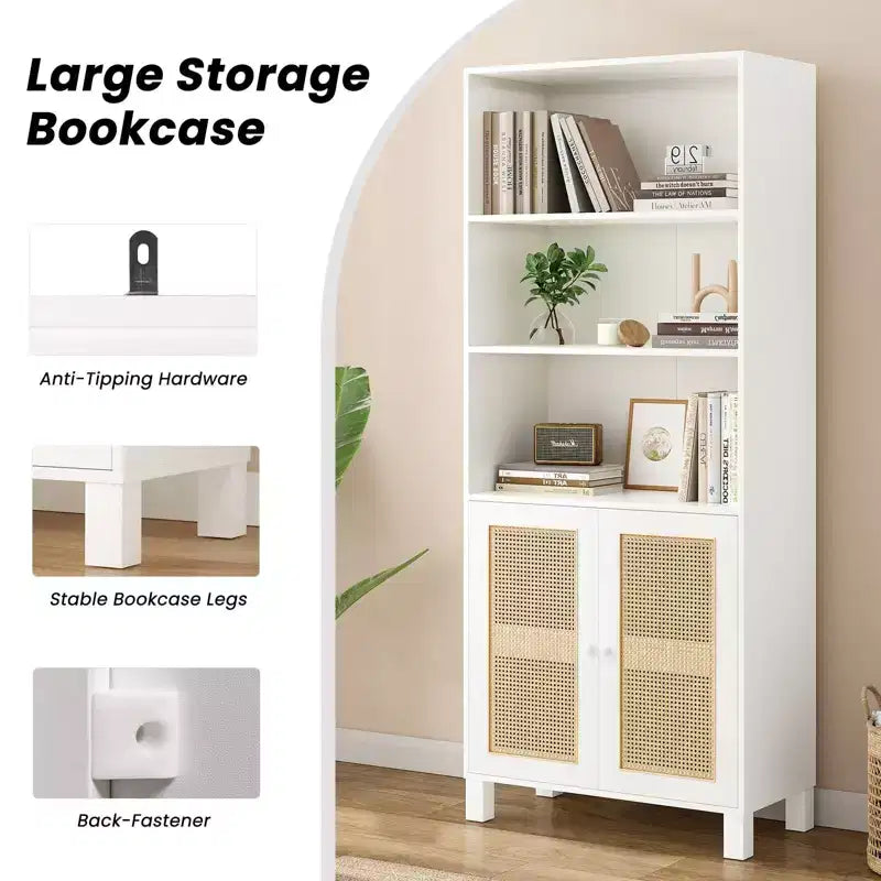 Grande bibliothèque avec portes en rotin, meuble de rangement autonome à 5 étagères, bibliothèque pour salon, chambre, bureau à domicile