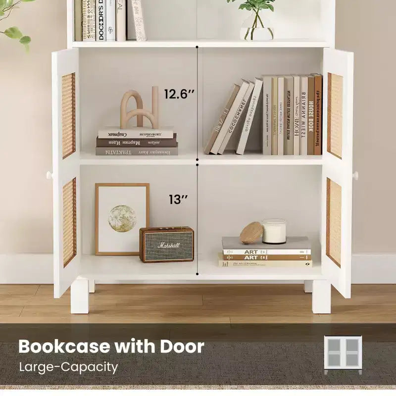 Grande bibliothèque avec portes en rotin, meuble de rangement autonome à 5 étagères, bibliothèque pour salon, chambre, bureau à domicile