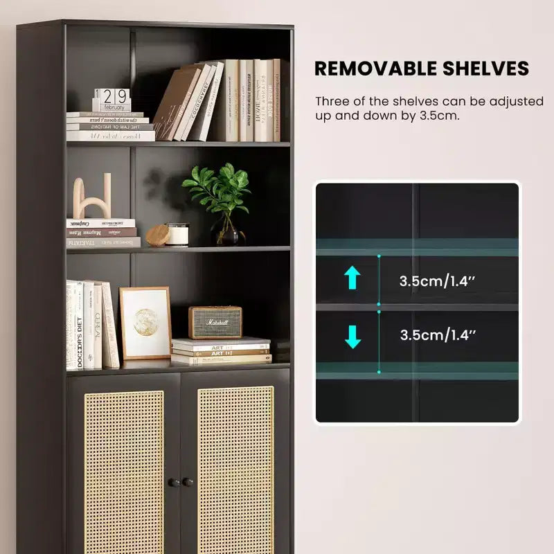 Grande bibliothèque avec portes en rotin, meuble de rangement autonome à 5 étagères, bibliothèque pour salon, chambre, bureau à domicile