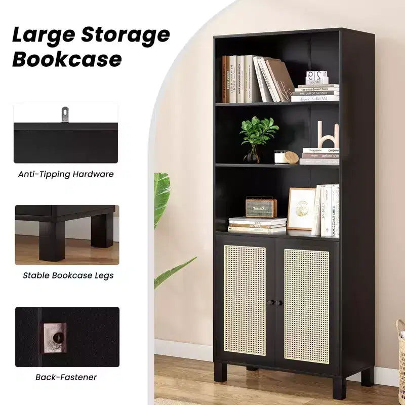 Grande bibliothèque avec portes en rotin, meuble de rangement autonome à 5 étagères, bibliothèque pour salon, chambre, bureau à domicile