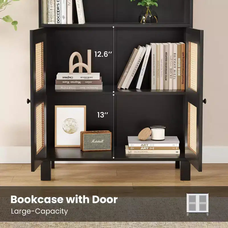 Grande bibliothèque avec portes en rotin, meuble de rangement autonome à 5 étagères, bibliothèque pour salon, chambre, bureau à domicile