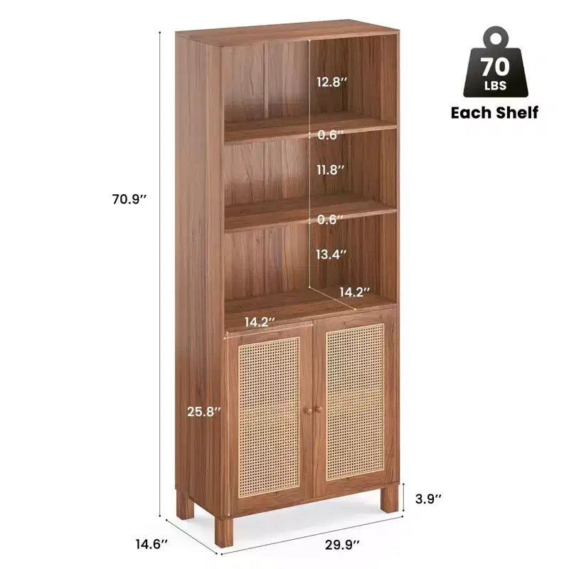 Grande bibliothèque avec portes en rotin, meuble de rangement autonome à 5 étagères, bibliothèque pour salon, chambre, bureau à domicile