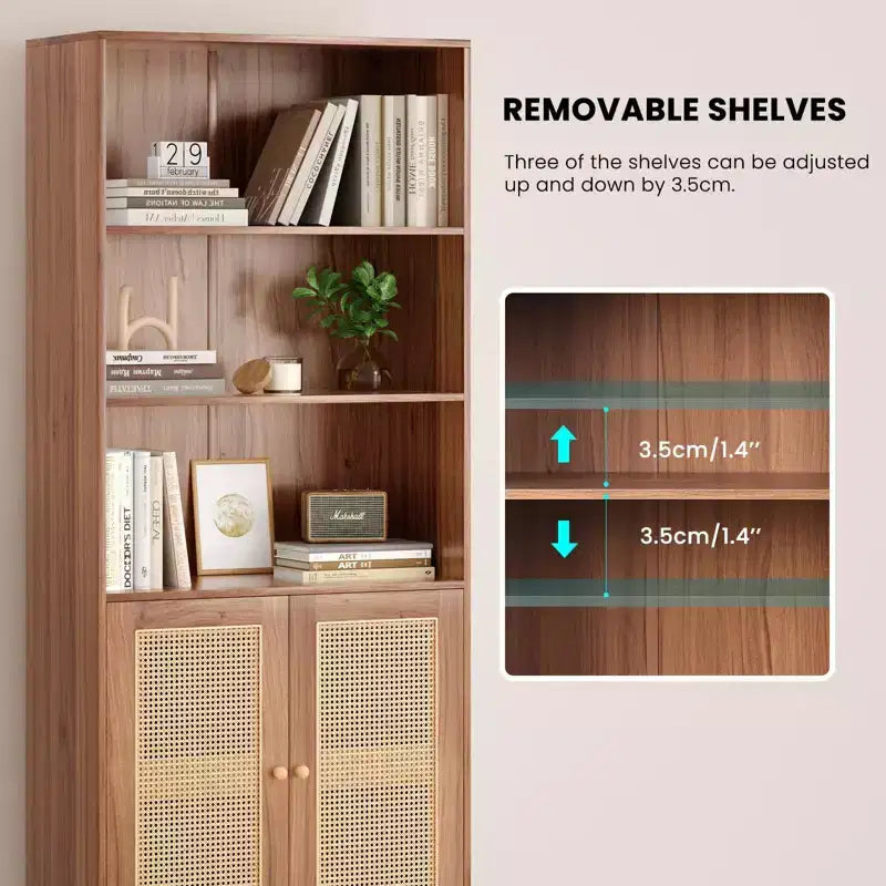 Grande bibliothèque avec portes en rotin, meuble de rangement autonome à 5 étagères, bibliothèque pour salon, chambre, bureau à domicile
