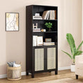Grande bibliothèque avec portes en rotin, meuble de rangement autonome à 5 étagères, bibliothèque pour salon, chambre, bureau à domicile