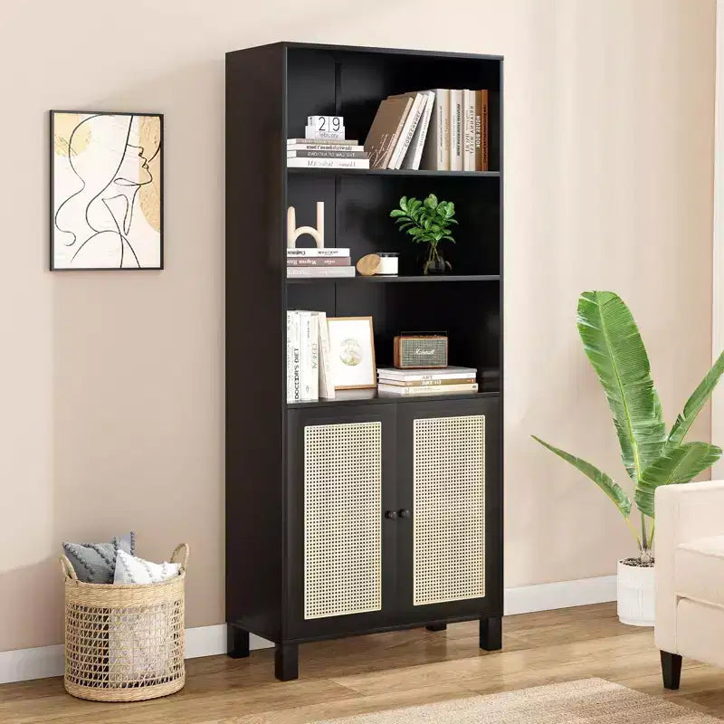 Grande bibliothèque avec portes en rotin, meuble de rangement autonome à 5 étagères, bibliothèque pour salon, chambre, bureau à domicile