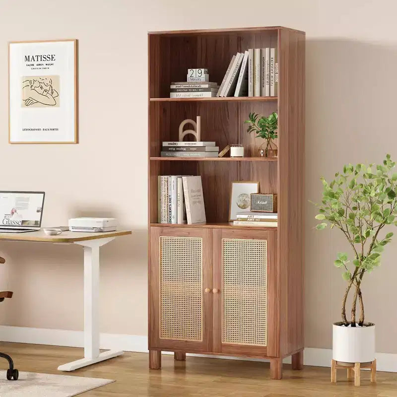 Grande bibliothèque avec portes en rotin, meuble de rangement autonome à 5 étagères, bibliothèque pour salon, chambre, bureau à domicile