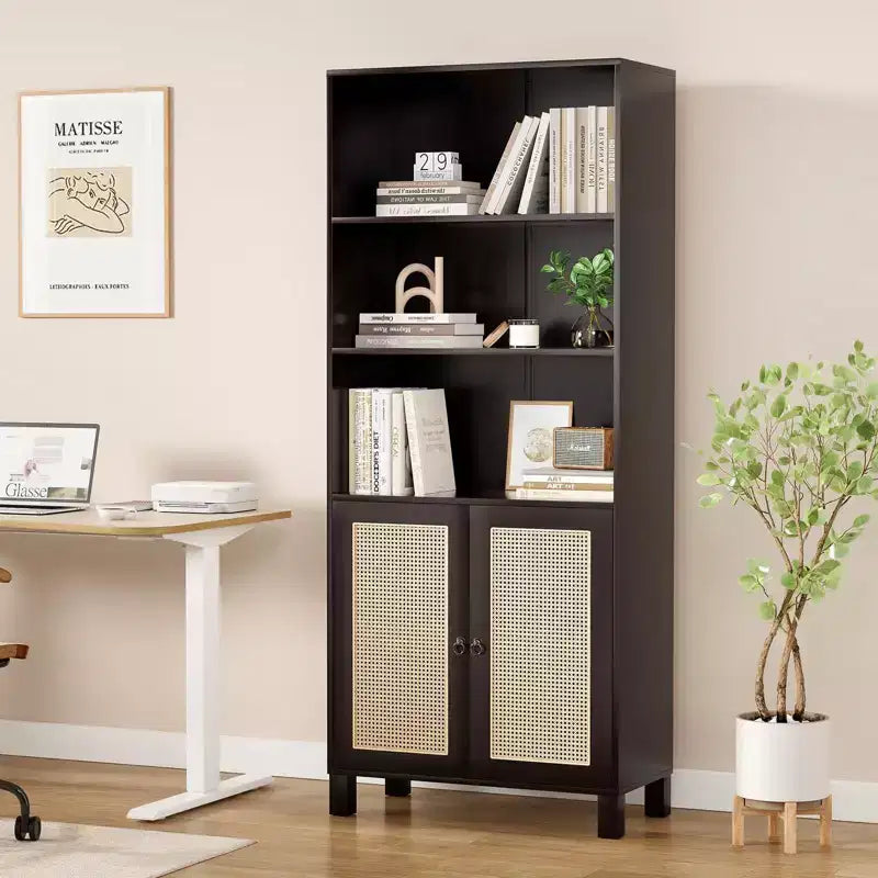 Grande bibliothèque avec portes en rotin, meuble de rangement autonome à 5 étagères, bibliothèque pour salon, chambre, bureau à domicile