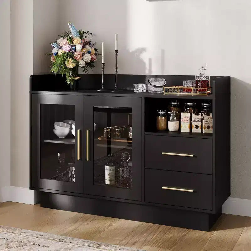 Wine Bar Cabinet with Glass Doors &amp; Storage Drawers - Versatile Home Bar Furniture for Kitchen, Dining Room, Office, Game Room