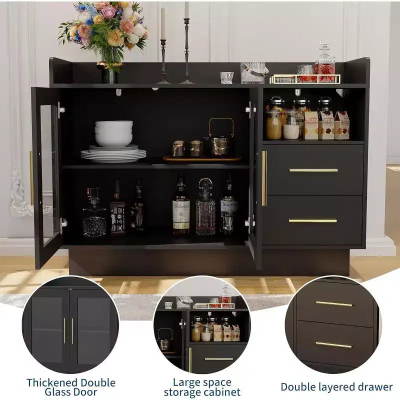 Meuble Bar à Vin avec Portes Vitrées et Tiroirs de Rangement - Meuble Bar Polyvalent pour Cuisine, Salle à Manger, Bureau, Salle de Jeux