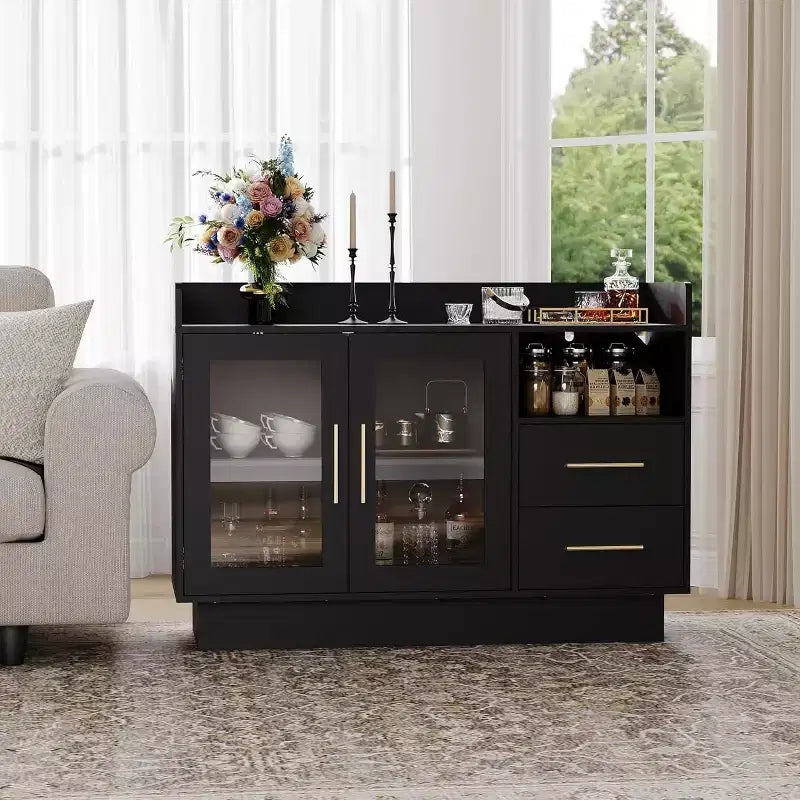 Meuble Bar à Vin avec Portes Vitrées et Tiroirs de Rangement - Meuble Bar Polyvalent pour Cuisine, Salle à Manger, Bureau, Salle de Jeux