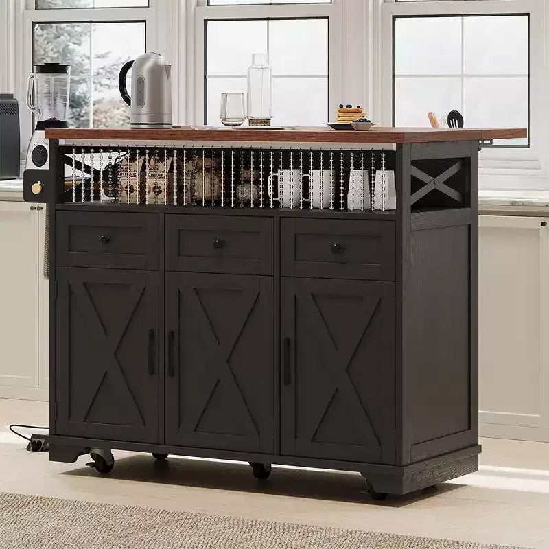 Farmhouse Kitchen Island with Beaded Curtain, Wheeled Kitchen Cart with Folding Board, 3 Doors, 3 Drawers, and Internal Iron Rack