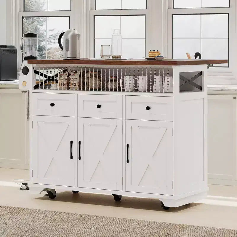 Îlot de cuisine de ferme avec rideau de perles, chariot de cuisine à roulettes avec planche pliante, 3 portes, 3 tiroirs et étagère intérieure en fer
