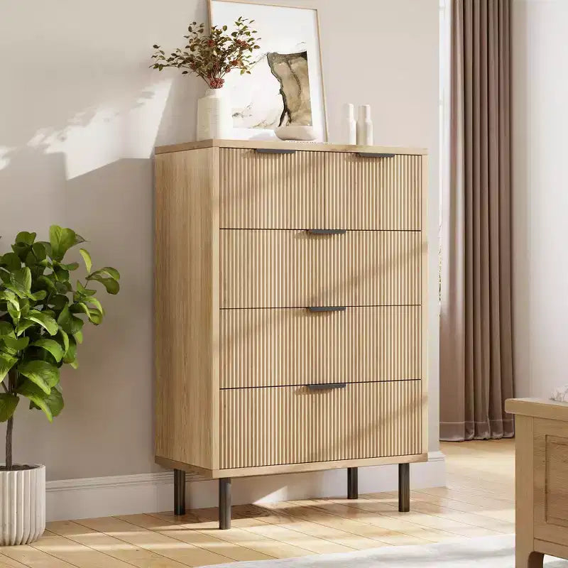 Natural Wave 5 Drawer Dresser for Bedroom, Modern Wood Dresser Chest of Drawers with Anti-Tipping Device and Metal Legs for Hallway Entryway