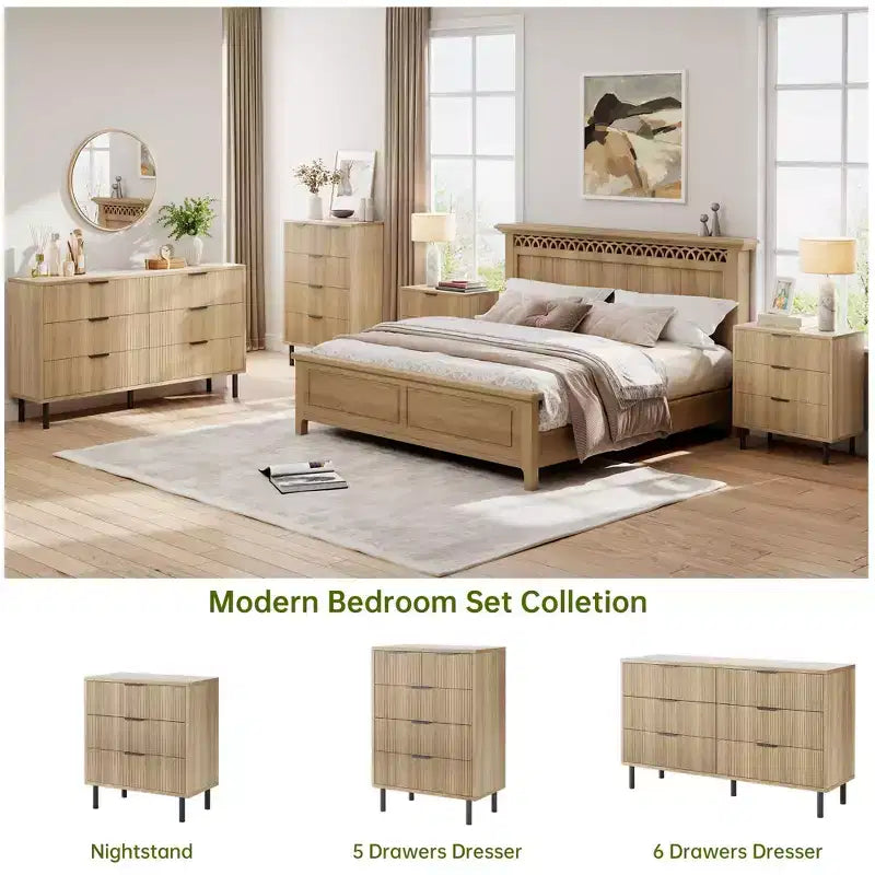 Commode 5 tiroirs Natural Wave pour chambre à coucher, commode moderne en bois avec dispositif anti-basculement et pieds en métal pour couloir et entrée