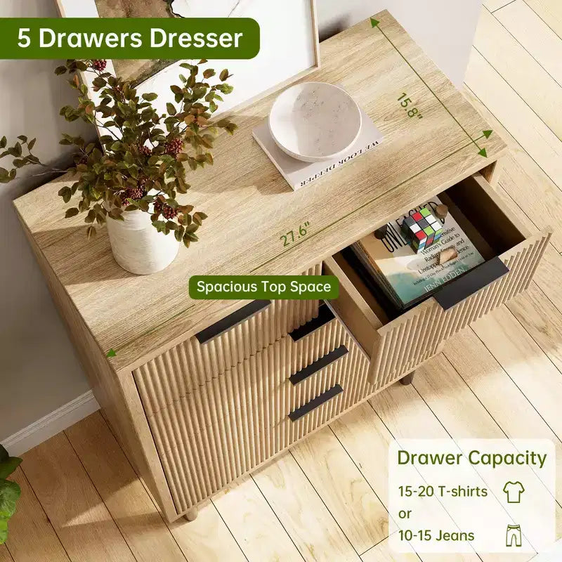 Commode 5 tiroirs Natural Wave pour chambre à coucher, commode moderne en bois avec dispositif anti-basculement et pieds en métal pour couloir et entrée
