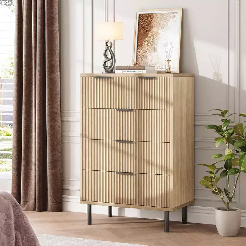 Commode 5 tiroirs Natural Wave pour chambre à coucher, commode moderne en bois avec dispositif anti-basculement et pieds en métal pour couloir et entrée