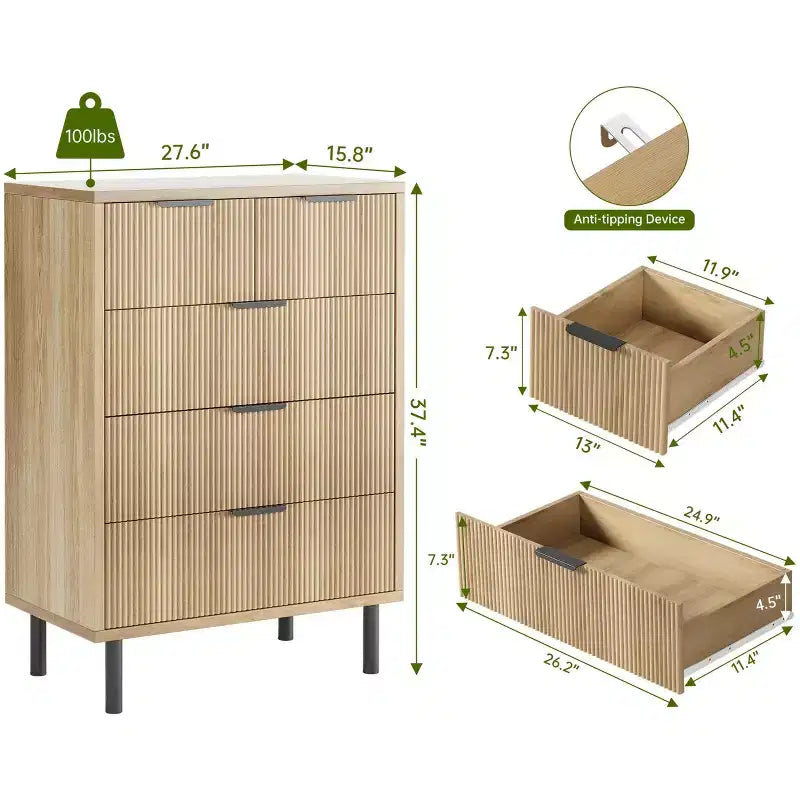 Commode 5 tiroirs Natural Wave pour chambre à coucher, commode moderne en bois avec dispositif anti-basculement et pieds en métal pour couloir et entrée