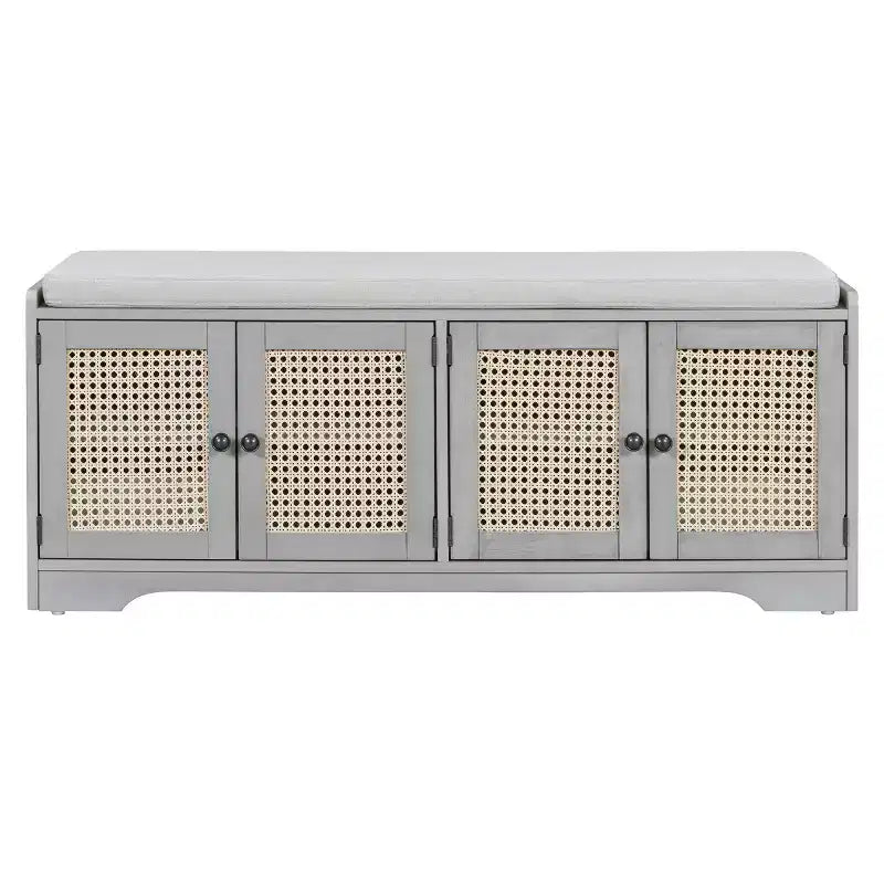 Banc d'entrée rustique en rotin 47" avec rangement, Banc à chaussures d'entrée avec coussin amovible pour couloir ou salon