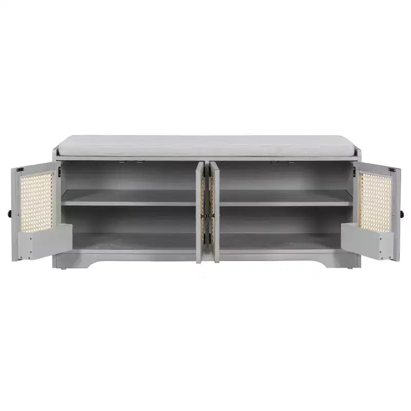 Banc d'entrée rustique en rotin 47" avec rangement, Banc à chaussures d'entrée avec coussin amovible pour couloir ou salon