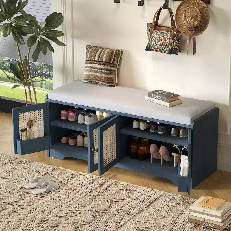 Banc d'entrée rustique en rotin 47" avec rangement, Banc à chaussures d'entrée avec coussin amovible pour couloir ou salon