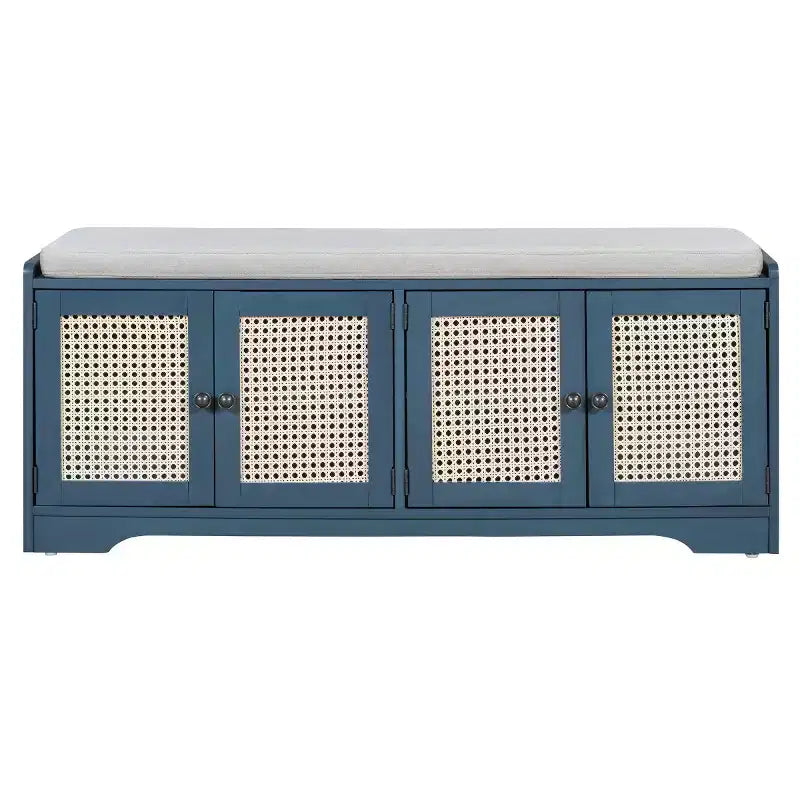 Banc d'entrée rustique en rotin 47" avec rangement, Banc à chaussures d'entrée avec coussin amovible pour couloir ou salon