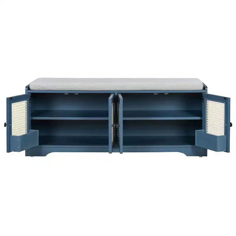 Banc d'entrée rustique en rotin 47" avec rangement, Banc à chaussures d'entrée avec coussin amovible pour couloir ou salon