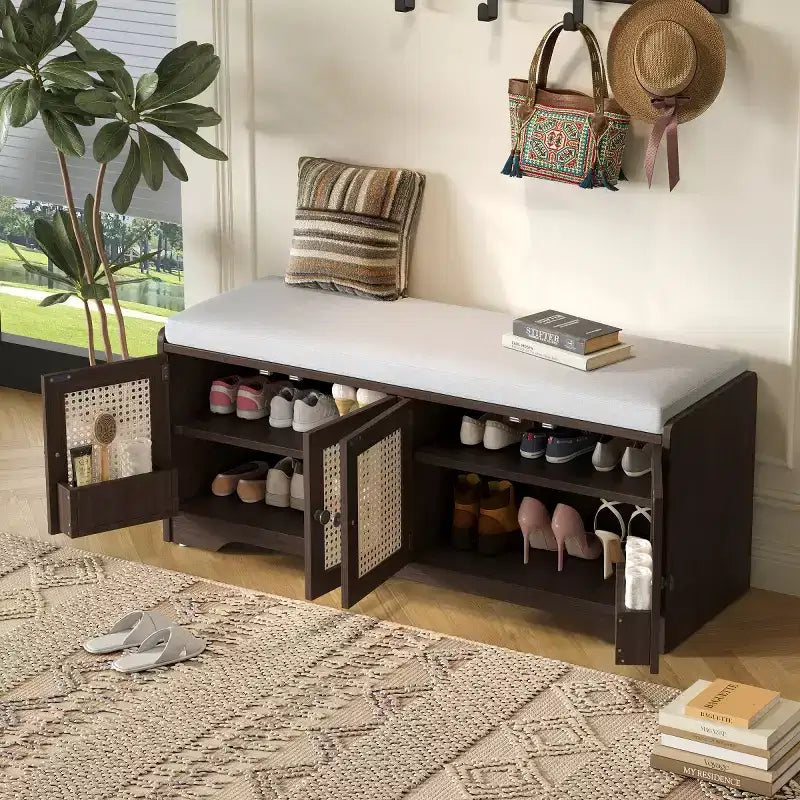 Banc d'entrée rustique en rotin 47" avec rangement, Banc à chaussures d'entrée avec coussin amovible pour couloir ou salon