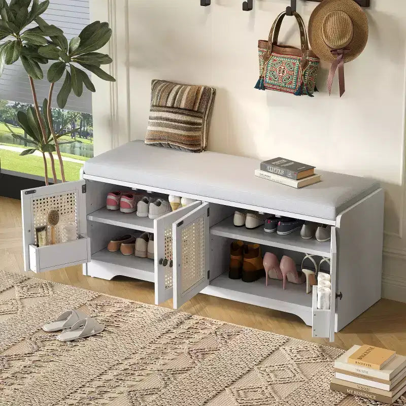 Banc d'entrée rustique en rotin 47" avec rangement, Banc à chaussures d'entrée avec coussin amovible pour couloir ou salon