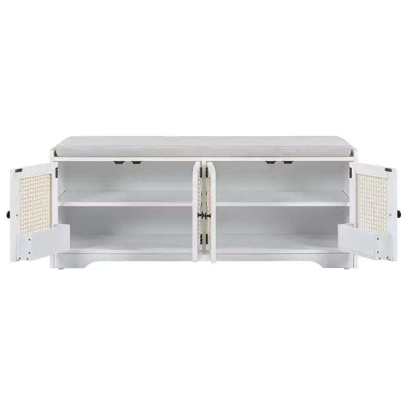 Banc d'entrée rustique en rotin 47" avec rangement, Banc à chaussures d'entrée avec coussin amovible pour couloir ou salon
