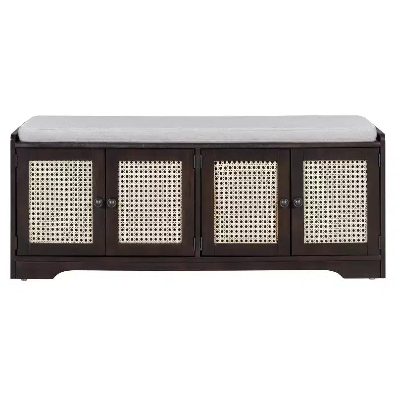 Banc d'entrée rustique en rotin 47" avec rangement, Banc à chaussures d'entrée avec coussin amovible pour couloir ou salon