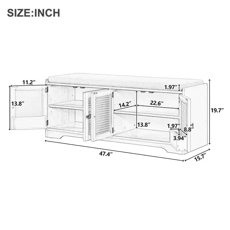 Banc d'entrée rustique en rotin 47" avec rangement, Banc à chaussures d'entrée avec coussin amovible pour couloir ou salon