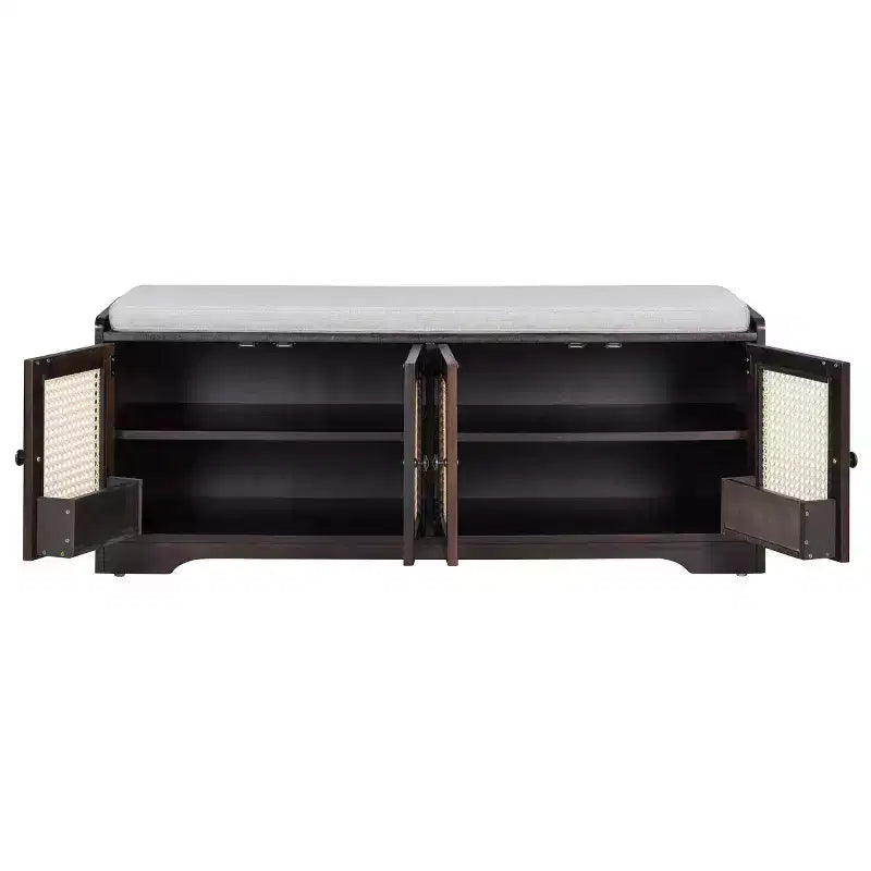 Banc d'entrée rustique en rotin 47" avec rangement, Banc à chaussures d'entrée avec coussin amovible pour couloir ou salon
