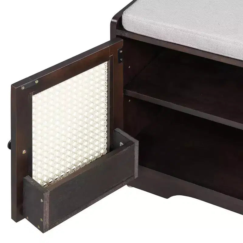 Banc d'entrée rustique en rotin 47" avec rangement, Banc à chaussures d'entrée avec coussin amovible pour couloir ou salon