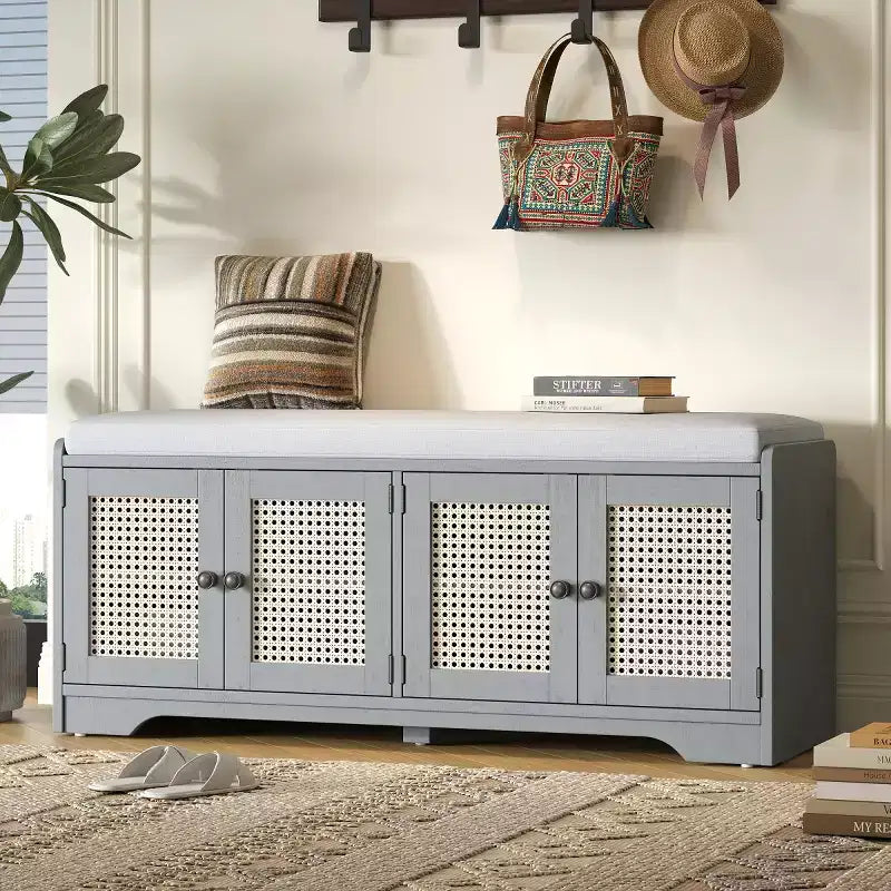 Banc d'entrée rustique en rotin 47" avec rangement, Banc à chaussures d'entrée avec coussin amovible pour couloir ou salon
